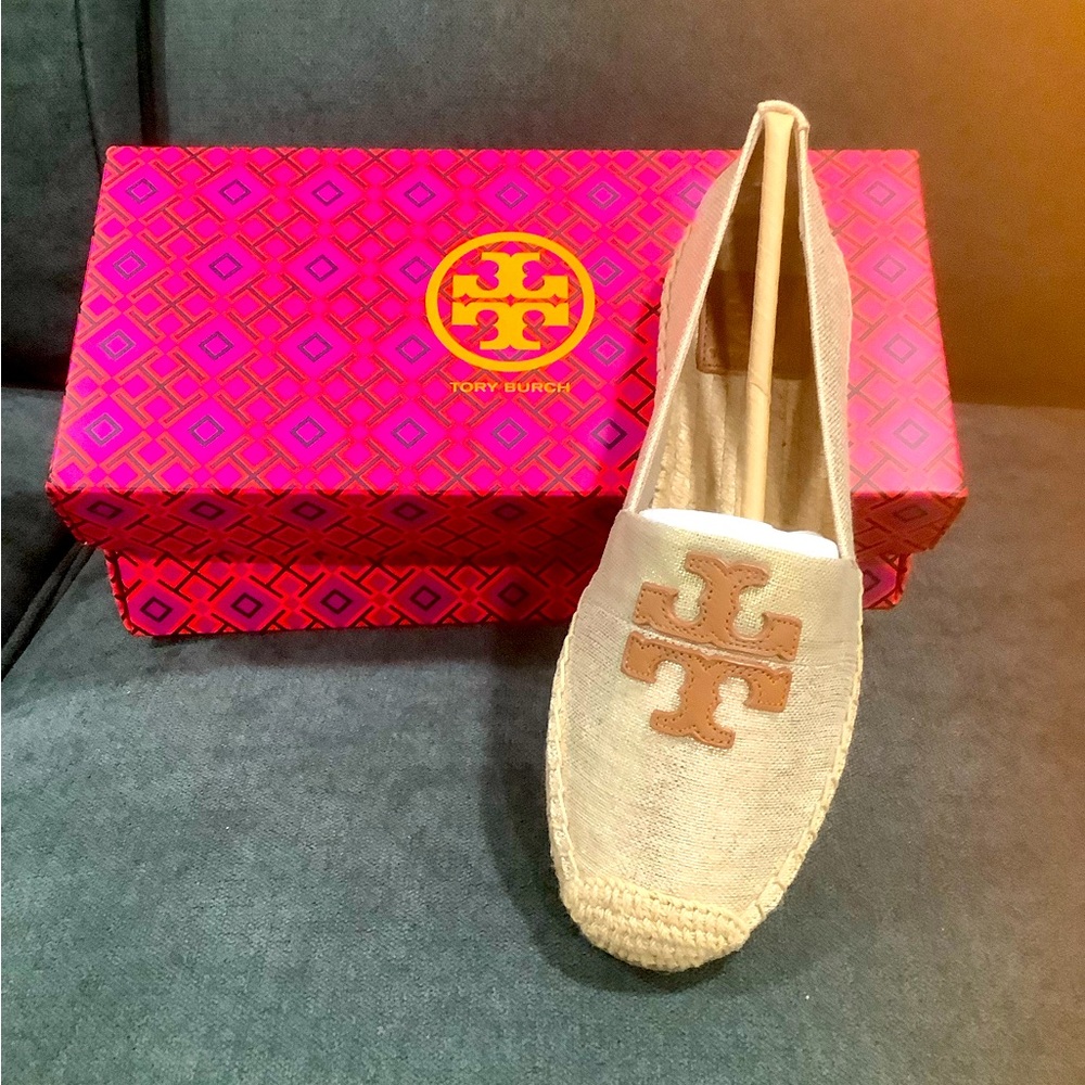 NIB TORY BURCH WESTON FLAT METALLIC ESPADRILLE, SIZE 8